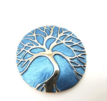 Magneet broche, Tree of Life rond, blauw/goud kleur, &Oslash; 44 mm.