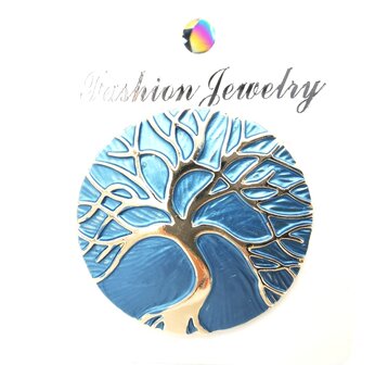 Magneet broche, Tree of Life rond, blauw/goud kleur, &Oslash; 44 mm.