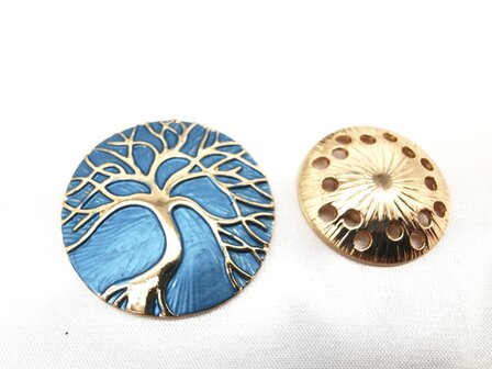 Magneet broche, Tree of Life rond, blauw/goud kleur, &Oslash; 44 mm.