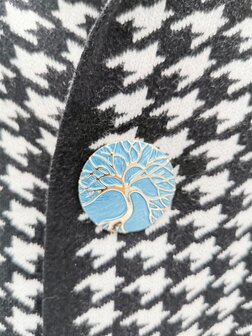 Magneet broche, Tree of Life rond, blauw/goud kleur, &Oslash; 44 mm.