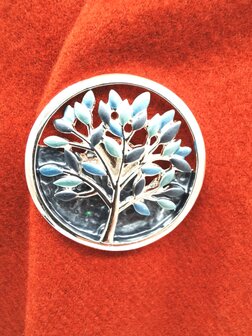 Magneet broche, Levensboom Design, blauw bladeren en zilverkleur nerf, &Oslash; 46 mm.