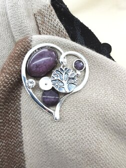 Magnetbrosche, einzigartiges Design, Herz, Steine, lila Farbe, L 49 mm.