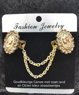 Clips met dubbel ketting, Camee met schitterde citrien kleur kristal rand in kleur antiek goud look.