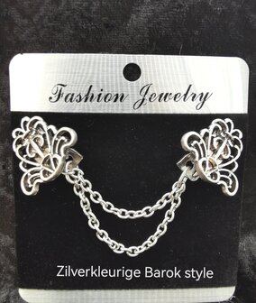 Clips met dubbel ketting, barok style in kleur antiek zilver look.