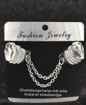 Clips met dubbel ketting, hartje met kristal en strass steentjes in kleur antiek zilver look.