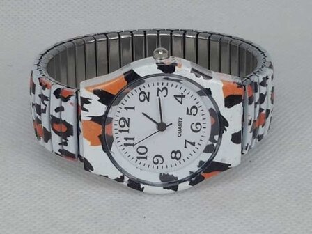 Dames rekband horloge met witte tijger print.