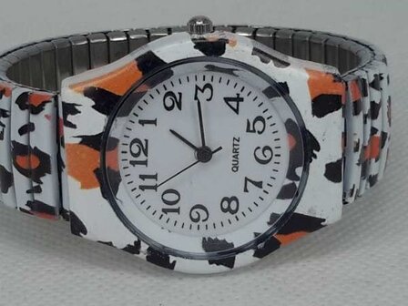 Dames rekband horloge met witte tijger print.