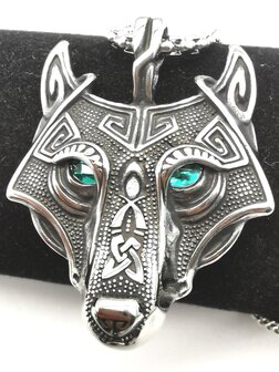 RVS bescherm Viking Fenrir - Wolf hanger met kristal groene ogen