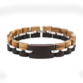 Black Sandalwood &amp; donker zebrahouten armband met RVS tussenschakels