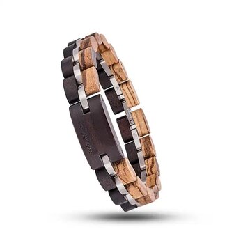 Black Sandalwood &amp; donker zebrahouten armband met RVS tussenschakels