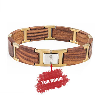 Warm mahonie houten Armband, RVS tussenschakels goudkleurig