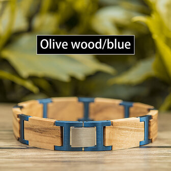 Vurig Olijf houten Armband, RVS tussenschakels blauwkleurig