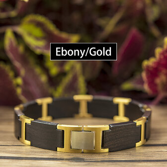 Donkerzwart Ebony houten Armband, RVS tussenschakels goudkleurig