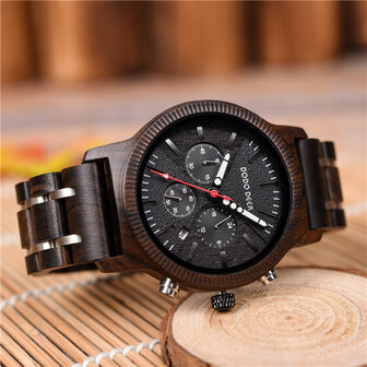 Bruinzwart houten Chronograaf horloge, band houten &amp; RVS schakels, dag, horlogesluiting