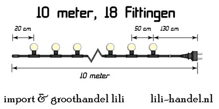 partykabel, 10 mtr. 18 fittingen. contrastekker