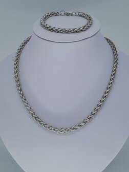 Gevlochten set ketting met armband &ndash; Vossenstaart Schakel &ndash; RVS Edelstaal