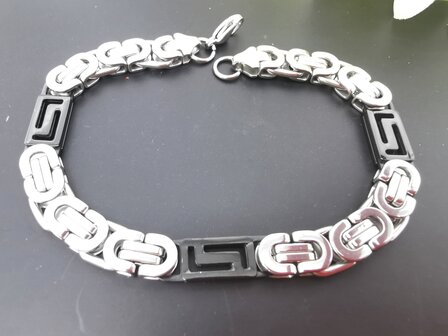 Edelstahl-Armband f&uuml;r Herren, zweifarbig, flaches King-Link-Schwarz/Silber mit griechischem Motiv, schwarzes Blockdesign