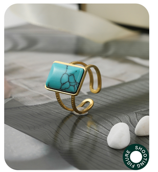 RVS goudkleurig Ring met Groene Turquoise edelsteen&ndash;Verstelbare 