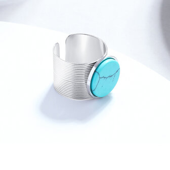 RVS zilverkleur Ring met Blauw Turquoise edelsteen &ndash; Verstelbare