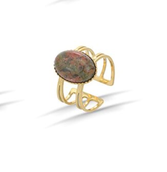 RVS goudkleurig Ring met Ovaal Unakiet 15 mm edelsteen - Verstelbare