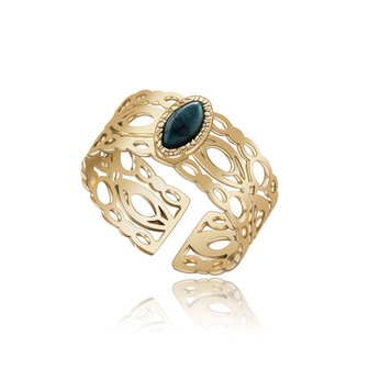 Ring aus Edelstahl, afrikanischer T&uuml;rkis-Edelstein, breit, goldfarben, 18 Karat PVD-Beschichtung, verstellbar