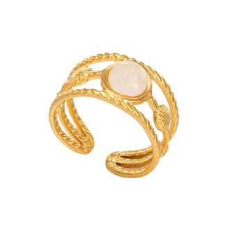 Ring aus Edelstahl, goldfarben, breites dreireihiges Motiv mit Mondstein-Edelstein, verstellbar