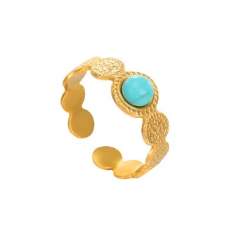 Ring aus Edelstahl, goldfarben, verziert mit t&uuml;rkisfarbenem Edelstein, verstellbar