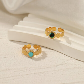Ring aus Edelstahl, goldfarben, verziert mit t&uuml;rkisfarbenem Edelstein, verstellbar