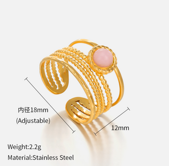 Ring aus Edelstahl, goldfarben, breites verschlungenes Motiv mit Rosenquarz-Edelstein, verstellbar