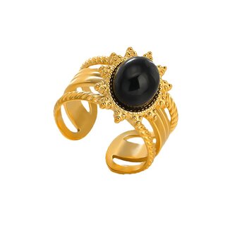 Ring aus Edelstahl, oval, bl&uuml;tenf&ouml;rmig, Obsidian-Edelstein, goldfarben, verstellbar