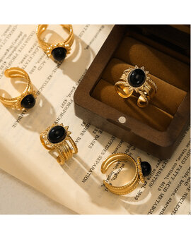 Ring aus Edelstahl, oval, bl&uuml;tenf&ouml;rmig, Obsidian-Edelstein, goldfarben, verstellbar