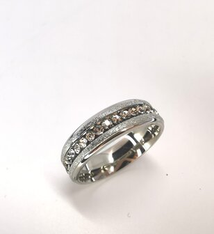 RVS &ndash; Elegant ring met 2 slanke gezilverstraalde banden midden rij strasssteentjes.