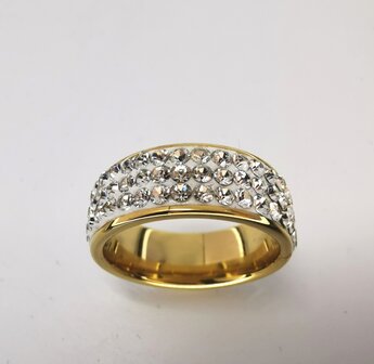 Edelstaal Ringen, Goudkleurig 3 strass rijen, doos 36 st