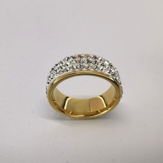 Edelstaal Ringen, Goudkleurig 3 strass rijen, doos 36 st