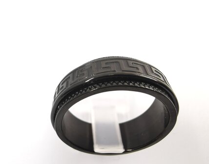 Schwarzer Anti-Stress-Ring aus Edelstahl mit geb&uuml;rstetem schwarzem griechischen Zeichen, Box 36 St&uuml;ck