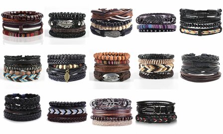 15 Set met 4 trendy van leer, kralen en touw armband. pakket 2