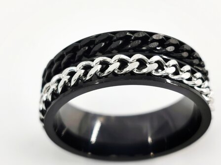 RVS brede dubbele anti stress ring met zwart en zilver schakelketting, doos 36 stuks.