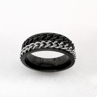 Doppelter Anti-Stress-Ring aus Edelstahl mit schwarzer und silberner Gliederkette, Box 36 St&uuml;ck.