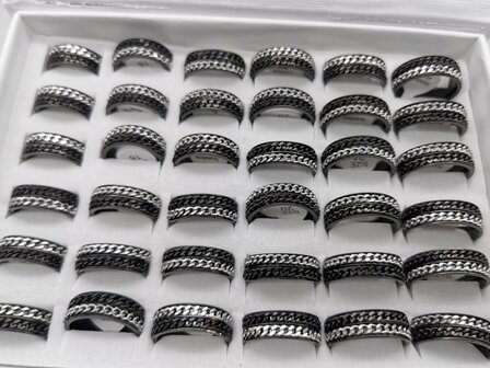 Doppelter Anti-Stress-Ring aus Edelstahl mit schwarzer und silberner Gliederkette, Box 36 St&uuml;ck.