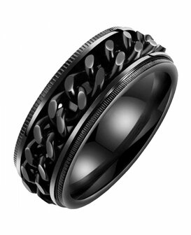 Anti-Stress-Ring aus Edelstahl schwarz mit Gliedermotiv, Box 36 St&uuml;ck.