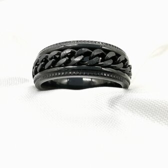 Anti-Stress-Ring aus Edelstahl schwarz mit Gliedermotiv, Box 36 St&uuml;ck.