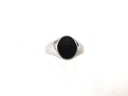 Siegelring aus Edelstahl, Silberfarben, mit schwarzer Emailleschicht, ovales Design.