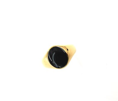 RVS Zegelring goudkleurig met zwart emaillaag ovale design. 