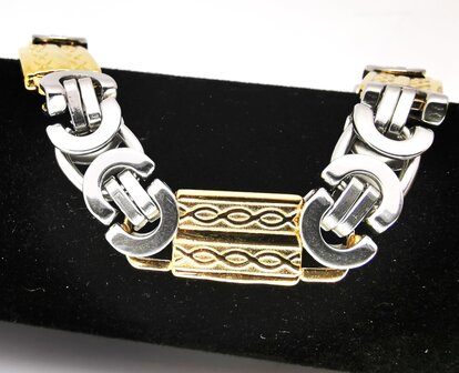 Koningsschakel armband RVS bicolor, L22-24 cm-B12 mm-zilver en goudkleurig
