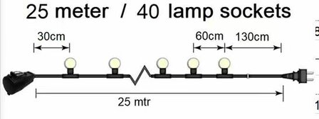 partykabel, 25 mtr 40 fittingen + contrastekker en 40 led lamp