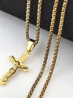 RVS Goudkleurig 60 cm Heren Ketting met Kruis met Jezus 