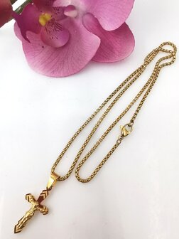 RVS Goudkleurig 60 cm Heren Ketting met Kruis met Jezus 
