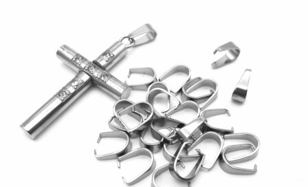 15 x klem RVS L 10 mm voor hanger, Bedel, Glas hanger, Hobby sieraden.