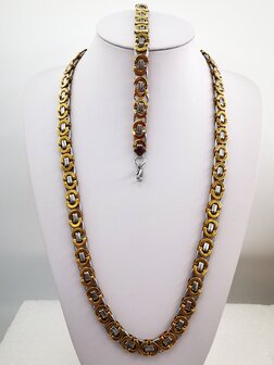 Set Koningsschakel ketting met armband, Bicolor, RVS.