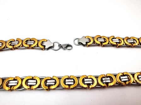 Set Koningsschakel ketting met armband, Bicolor, RVS.